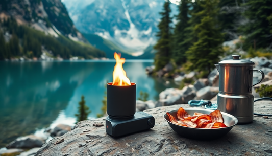 Compact camping stove setup on a wooden table with cooking utensils.
