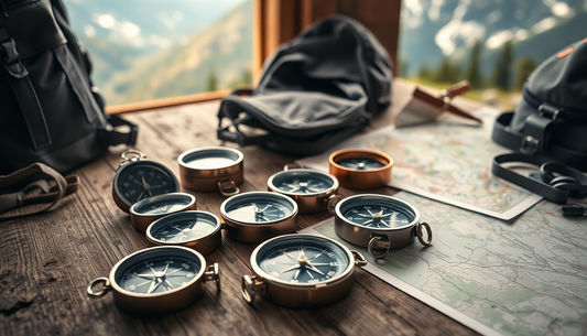 A high-quality camping compass placed on a topographic map with hiking gear in the background.