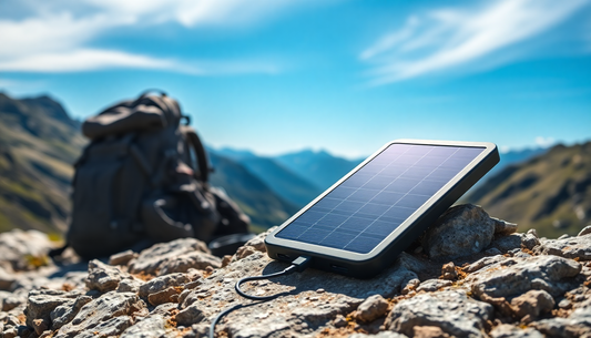 Solar power bank charging multiple devices in outdoor setting