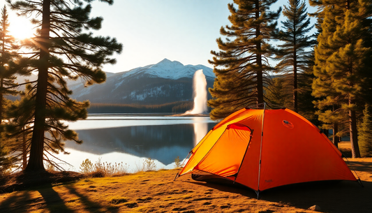 A serene camping scene in Yellowstone National Park during sunrise, featuring a tent near an alpine lake