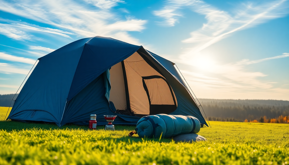 Solo camping gear setup with a lightweight Alpha Camp EXTRA LARGE BEACH TENT on a scenic meadow