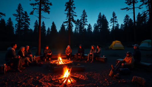 A safe and cozy campfire setup with firewood, surrounded by camping gear and ready for cooking s’mores and other campfire recipes.