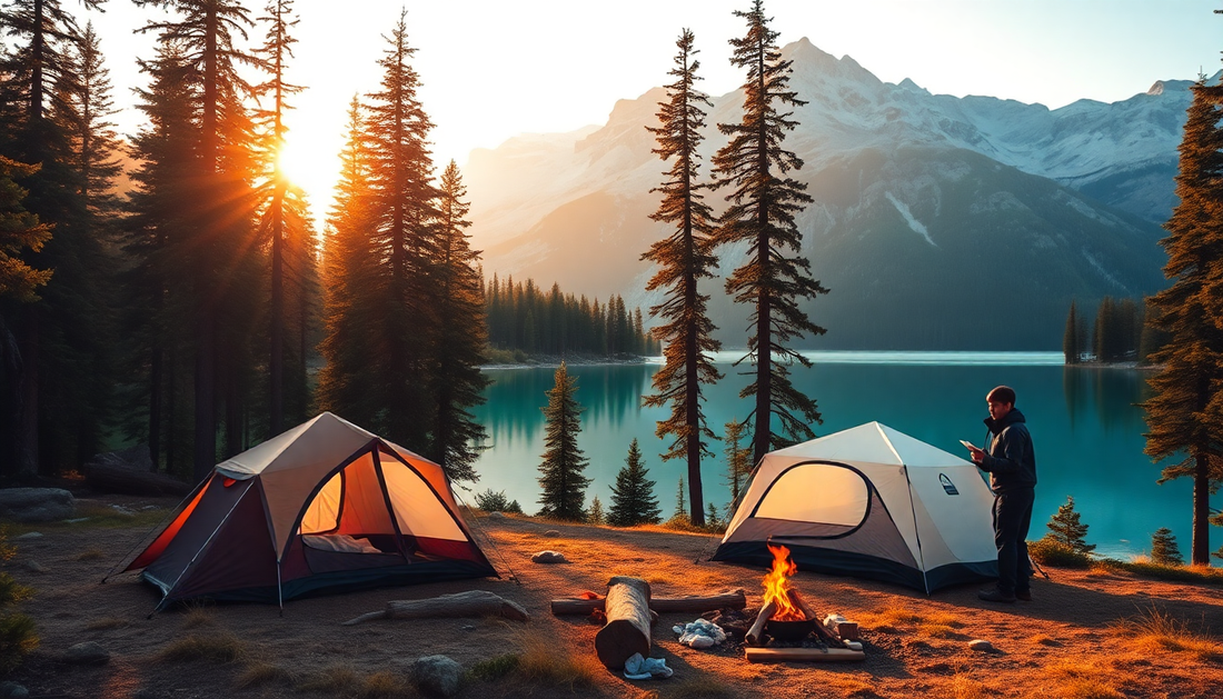Scenic camping site with a tent by a lake, surrounded by trees, perfect for outdoor adventures and finding the best campsite for your trip.