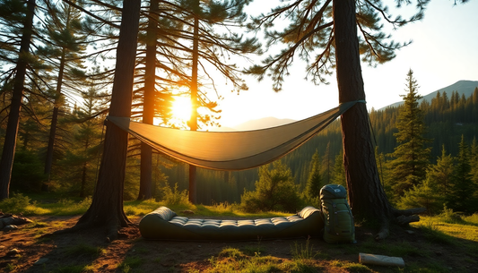 Durable waterproof camping tarp set up in a forest for outdoor shelter.