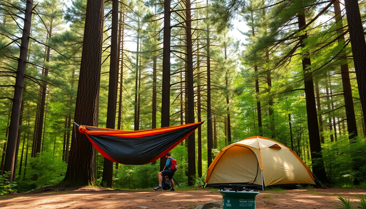 Budget-friendly camping gear under $100, featuring a vibrant orange and grey double camping hammock set up in a forest with a cozy tent