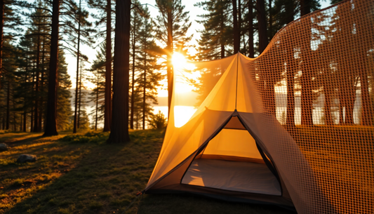 Lightweight camping mosquito net set up in a forest, providing protection from insects while sleeping outdoors.