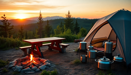 Outdoor campsite with the FORTITUDE21 cookware set, showcasing portable pots and pans, a campfire, and essential camping gear for 2025 adventures