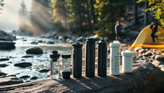 Lightweight portable water filter for camping and hiking, filtering water from a stream.
