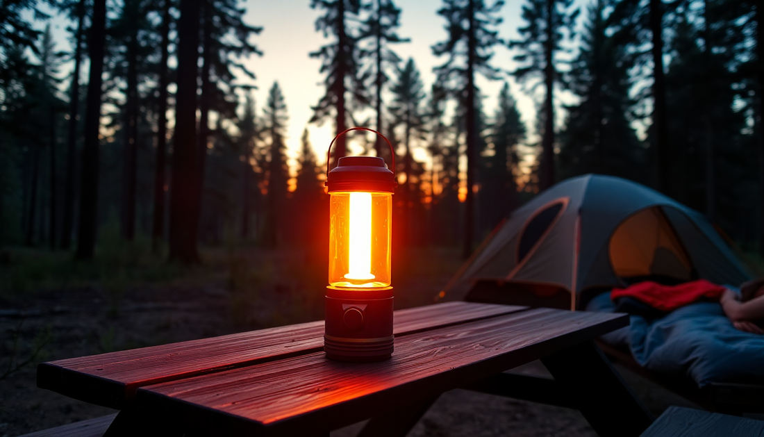A bright LED camping lantern illuminating a campsite at night, with a tent and trees in the background.