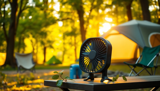 A portable camping fan keeping a tent cool during a summer camping trip
