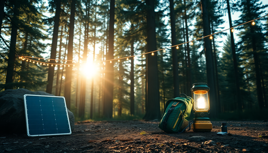 Modern campsite in a forest featuring smart camping gadgets, including a solar panel, LED lantern, compact survival bag, and string lights