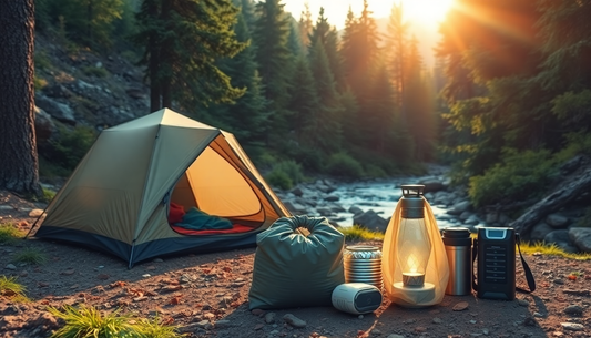 A cozy campsite featuring eco-friendly camping gear, including the HiZYNICE Flannel Sleeping Bag, set up in a scenic forest clearing.
