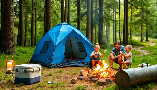 A family enjoying a camping trip in the forest with a blue dome tent, campfire, and cooking setup