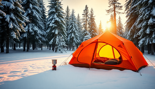A vibrant winter camping scene with a spacious orange 6-7 person tent surrounded by snow-covered pine trees,