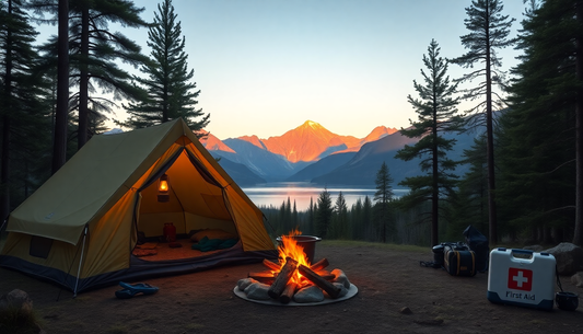 Cozy campsite with OMVMO sleeping bag in a tent, surrounded by scenic wilderness, mountains, and a campfire at sunrise.