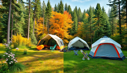 Waterproof camping tent set up in a rainy forest during spring camping.