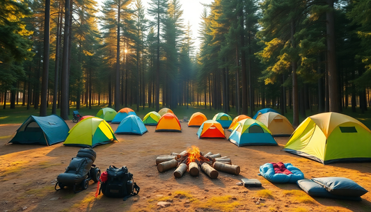 Camping tents set up in various environments to showcase different types of camping gear.