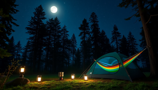 A serene camping scene in a forest under the stars, featuring a 4-season tent, colorful hammoc