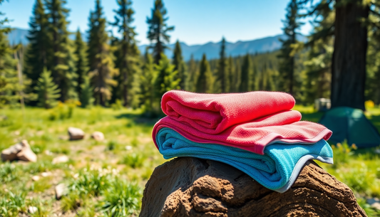 A quick-dry, lightweight microfiber camping towel folded next to a backpack on a hiking trail.