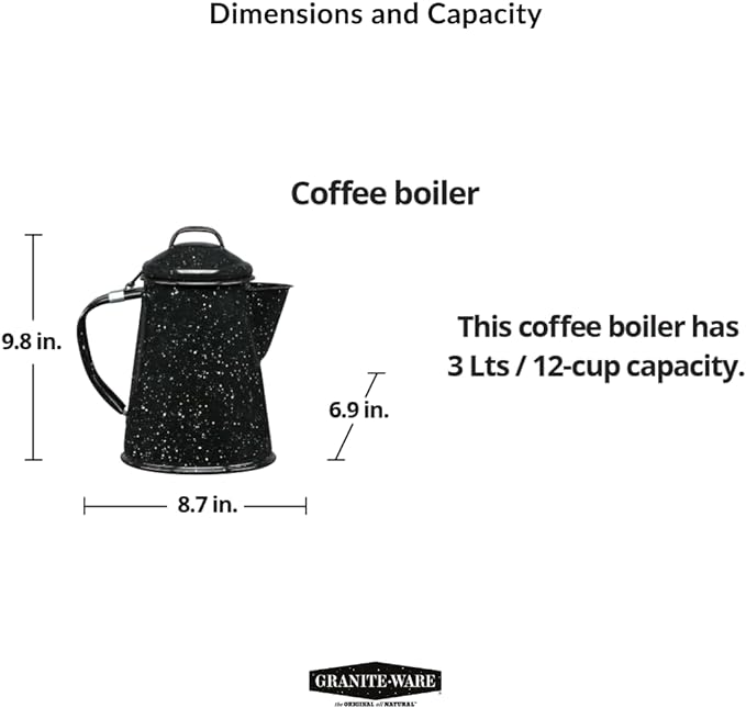 Granite Ware 3 Qt Coffee Boiler. Enameled Steel 12 cups capacity. Perfect for camping, Heat Coffee, Tea and Water directly on stove or fire.