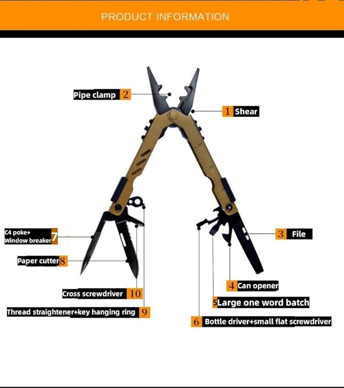 13 in 1 Portable Multifunction Tool Pliers Screwdrivers ire Stripper Folding Plier Pocket Cutter EDC Combination Tools for Outdoor Camping Fishing (Desert Colour)