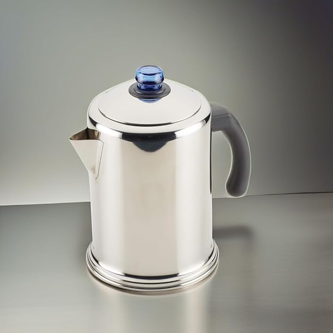 Farberware Classic Stainless Steel Coffee Percolator, 12 Cup, Silver with Glass Blue Knob, 7.28"D x 8.86"W x 10.83"H