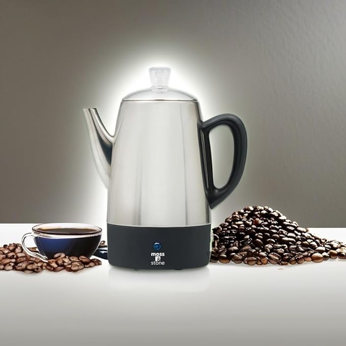 Moss & Stone Percolator Coffee Pot Electric 10 Cup, Stainless Steel Coffee Maker, Coffee Percolator Electric With Keep Warm Function, 10 Cups Stainless Steel Percolator With Coffee Basket
