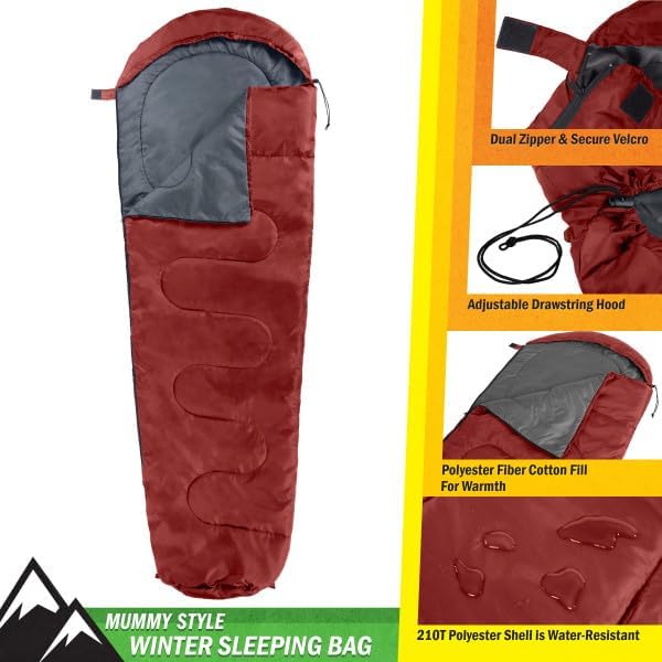Mummy Sleeping Bag - Water-Resistant Adult Cold Weather Sleeping Bag