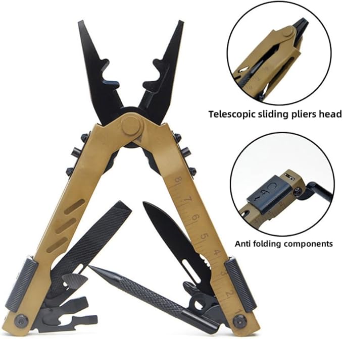 13 in 1 Portable Multifunction Tool Pliers Screwdrivers ire Stripper Folding Plier Pocket Cutter EDC Combination Tools for Outdoor Camping Fishing (Desert Colour)