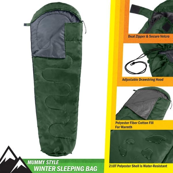Mummy Sleeping Bag - Water-Resistant Adult Cold Weather Sleeping Bag