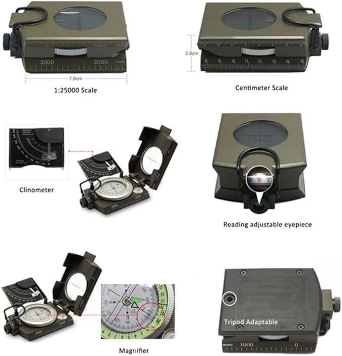 Professional Military Metal Sighting Compass Outdoor Army Clinometer Hiking Gear Compass for Lensatic Sighting Waterproof Durable Inclinometer Camping Scount Geology Activities Boating