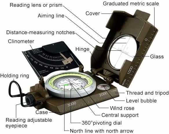 Professional Military Metal Sighting Compass Outdoor Army Clinometer Hiking Gear Compass for Lensatic Sighting Waterproof Durable Inclinometer Camping Scount Geology Activities Boating