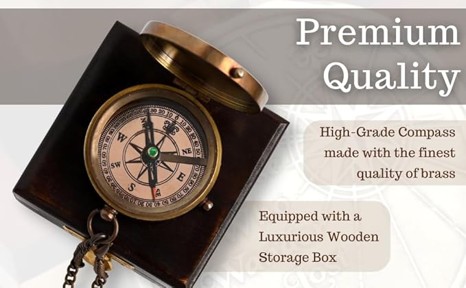 Brass Nautical - Not All Those Who Wander are Lost Brass Gift Embossed Compass with Wooden case, Graduation Day Baptism Communion Confirmation Day Motivational LOTR J.R.R. Tolkien (Wooden Box)