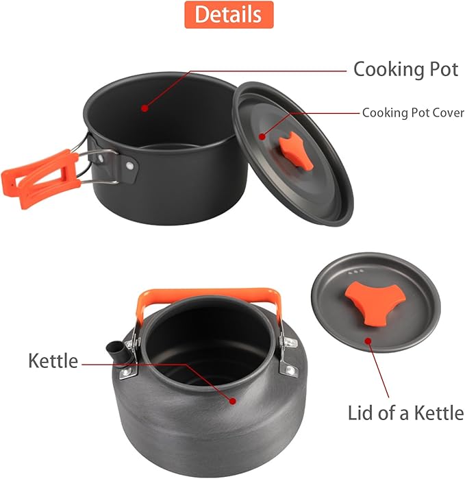 Camping Cookware Set, 13in1 Camping Cookware, Non-Stick Lightweight Camping Pot and Pan Set with Stainless Steel Kettle Plates Spoon for Backpacking, Hiking, Outdoor Cooking and Picnic