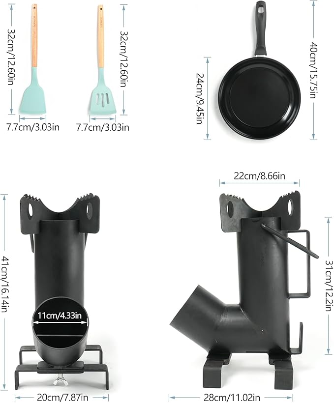 Wood Burning Rocket Stove, Camping Rocket Stove for Outdoor Cooking with Skillet, Camp Cooking and Emergency Situations