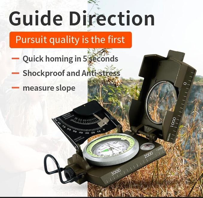 Professional Military Metal Sighting Compass Outdoor Army Clinometer Hiking Gear Compass for Lensatic Sighting Waterproof Durable Inclinometer Camping Scount Geology Activities Boating
