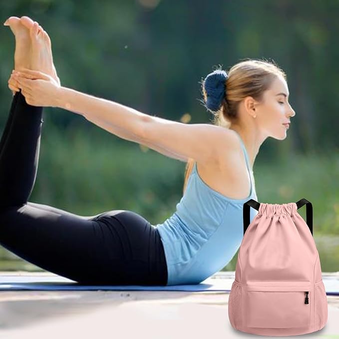 Sports Drawstring Backpack String Swimming Gym Bag Backpack with Shoes Compartment and Pocket for Men Women(pink