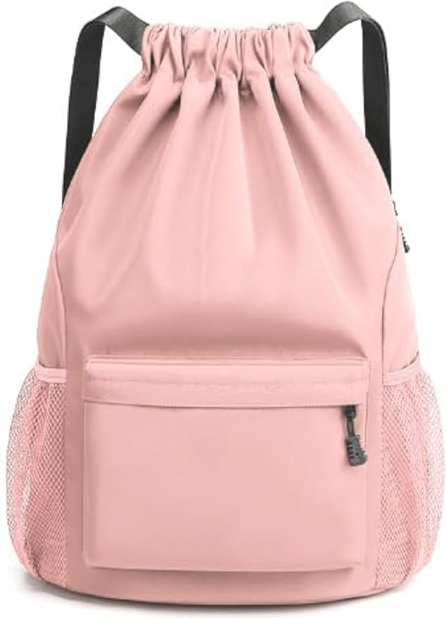 Sports Drawstring Backpack String Swimming Gym Bag Backpack with Shoes Compartment and Pocket for Men Women(pink