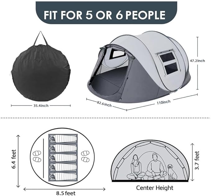 Instant Pop Up Camping Tent, 5-6 Person Tents,Automatic Set Up Tent in 3 Seconds,Waterproof Sunshade Family Tent,Portable Lightweight Dome Tent for Outdoor Camping,Hiking,Travel & Beach