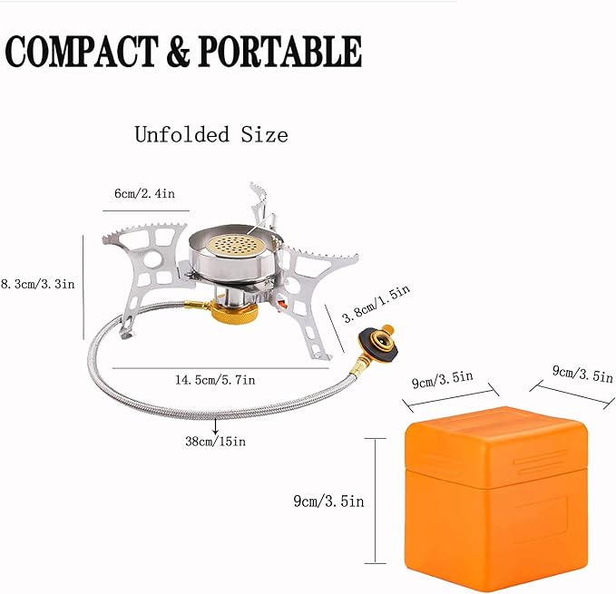 SVNVIOZ Camping Stove Windproof Backpacking Stove with Piezo Ignition, Plastic Storage Box, 2 Types Fuel Canister Adapters, Camping Gear Portable Stove for Outdoor Camping Hiking Cooking