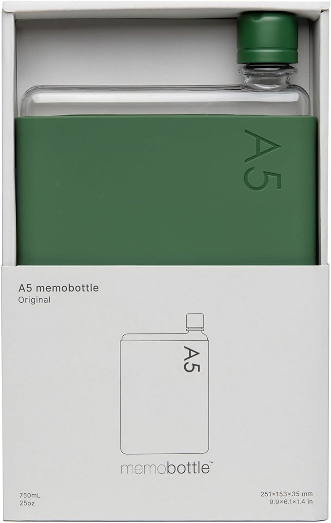 memobottle A5 (Moss Green) Bundle - 25oz (750ml) - Bottle, silicone sleeve & lid |Slim Water Bottle for Bags, Beside Books & Laptops | BPA Free Tritan | Modern & Minimalist
