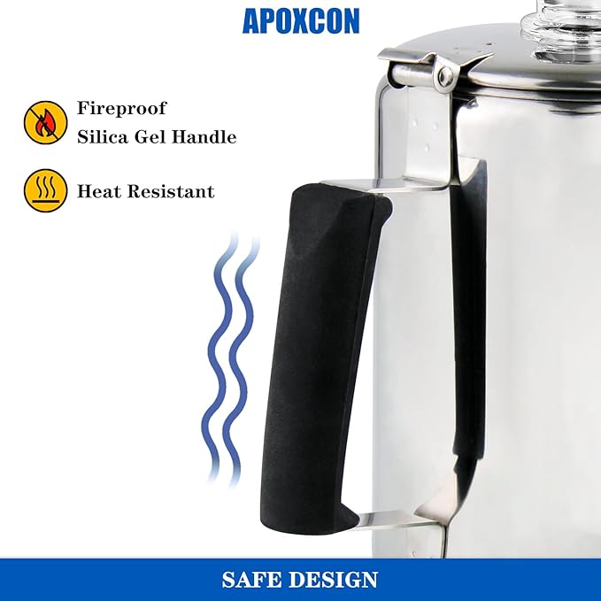 Multi Use Percolator Coffee Pot Stainless Steel Stove Top Coffee Maker with Two Borosilicate Glass Knob Silica Handle Camping Coffee Pot Using on Campfire Stove & Induction Cooker Silver 9 Cup