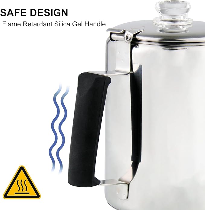 Multi Use 9 Cup Coffee Pot Bundle Coffee Percolator with 2 Mugs Stainless Steel Coffee Maker with Two Heat Resistant Borosilicate Glass Knob Fireproof Silica Handle Using on any Stovetop