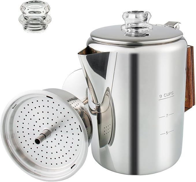 Coffee Percolator Camping Coffee Pot Stainless Steel Coffee Maker with Two Heat Resistant Tough Glass Knob Using on any Stovetop Outdoor Traveling NO Aluminum NO Plastic (9 Cup)