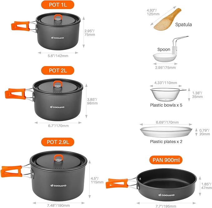 Odoland 15pcs Camping Cookware Non-Stick Lightweight Camping Pots and Pans Set with Plastic Plates Bowls Soup Spoon for Camping, Backpacking, Outdoor Cooking and Picnic