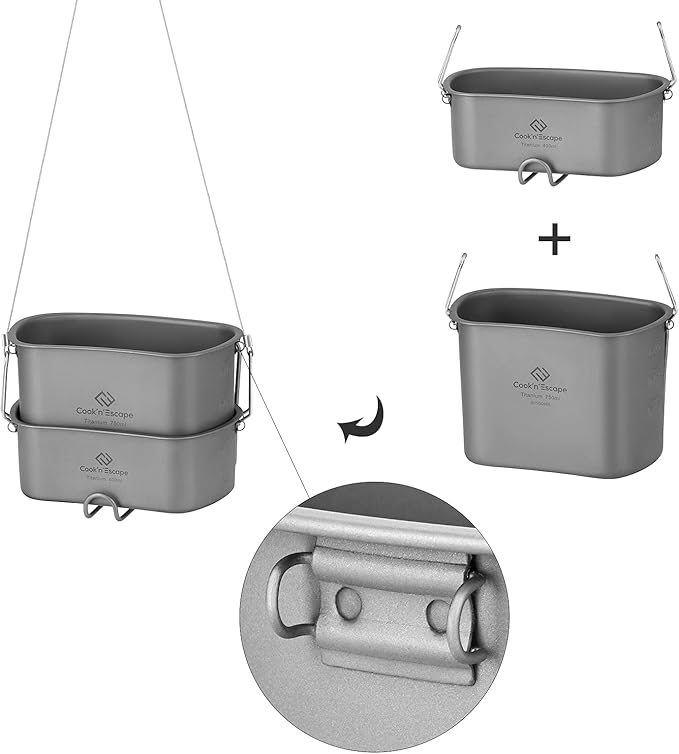 COOK'N'ESCAPE Titanium Camping Cookware Titanium Canteen Mess kit, Camping Canteen with Pot and Pan Set, Portable Lightweight Cookware for Outdoor Hiking Backpacking Picnic