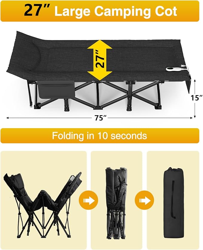 ZENPETIO Heated Camping Cot for Adults, Durable Foldable Cot Bed with Pad & Carry Bag, Portable Sleeping Cot for Camping Home Guest Stay, Direct Plug-in Design for Reliable Heating, Black