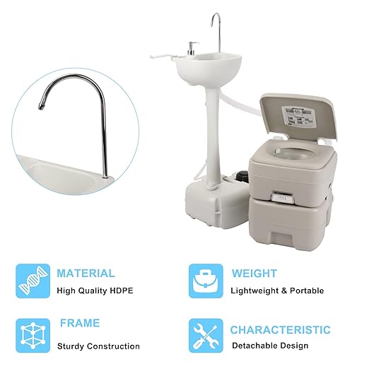Outvita Portable Sink and Toilet Combo, 5 Gallon Hand Washing Station & 5.3 Gallon Flushing Toilet, Detachable Wastewater Recycled Perfect for Outdoor Camping RV Travel Boat