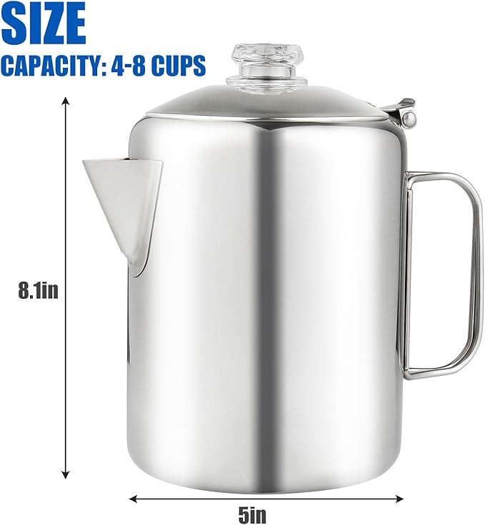 Percolator Coffee Pot Stainless Steel Coffee Percolator with Heat Resistant Glass Knob Top, Compact Coffee Maker Pot for Campfire or Stovetop Coffee Making Outdoor Traveling Fast Brew