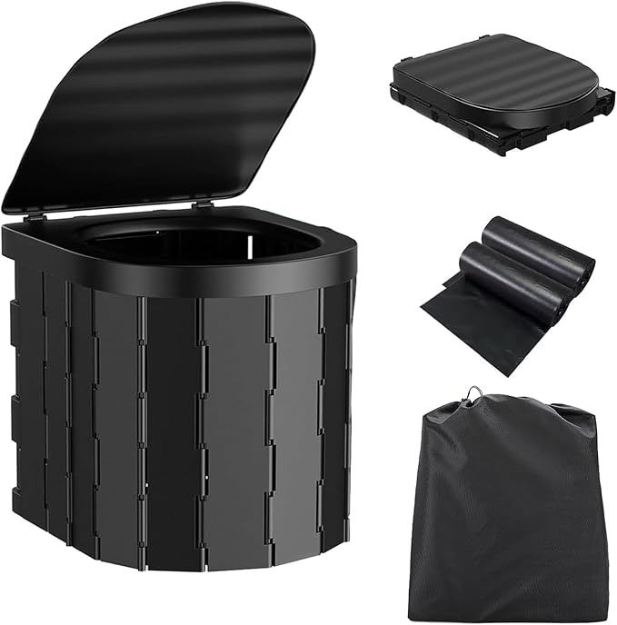 Portable Toilet for Camping,Folding Toilet with Lid,Foldable Car Travel Toilet Portable with Carry Bag for Camping,Car,Travel, Outdoor,Hiking,Backpack,Trips,Tent,Boat,Beach,Traffic Jam,Home (Black)